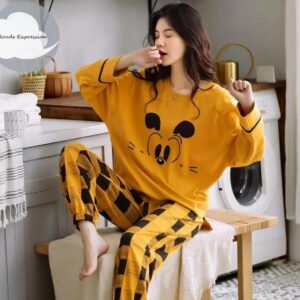 2 Pcs Women's Stitched Cotton Jersey Printed Night Suit - Yellow